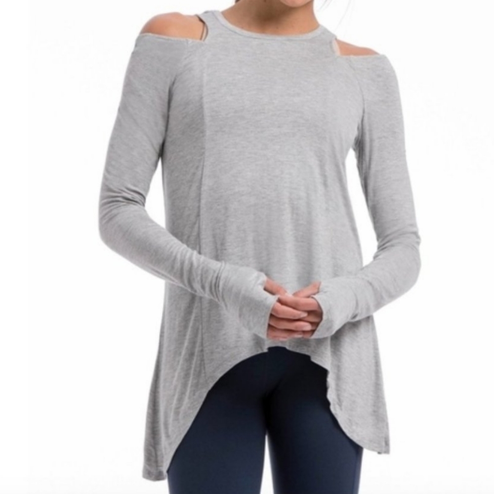 Pure Barre by Splits59 Gray Long Sleeve Cold Shoulder Tunic Workout Top.